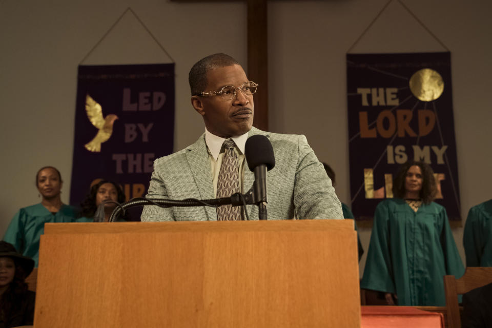 This image released by Amazon Prime Video shows Jamie Foxx in a scene from "The Burial." (Skip Bolen/Amazon Prime Video via AP)
