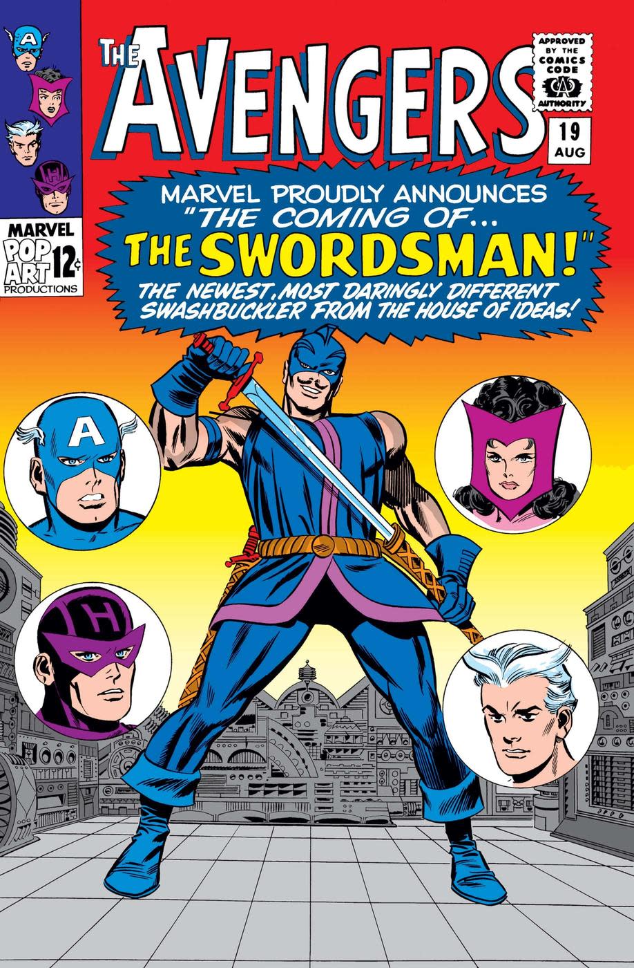 the cover for Avengers shows The Swordsman who is an antagonist in Hawkeye on Disney+