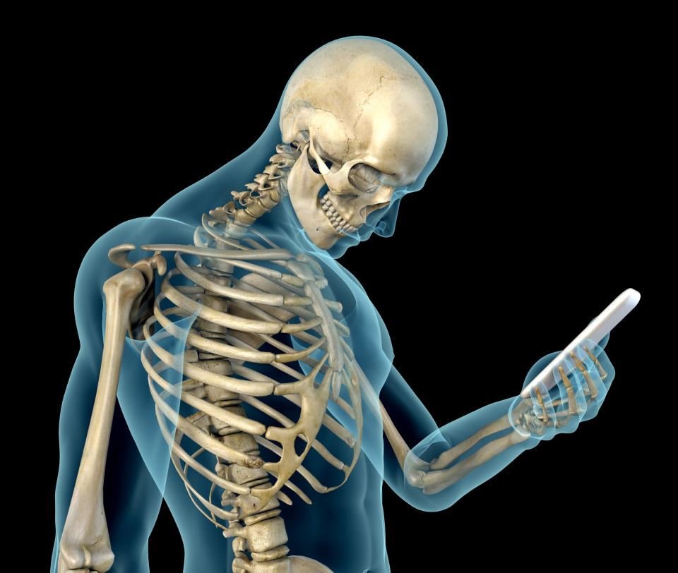 Human anatomy showing wrong postures of using the phone. Wrong angle look at the device screen, causing a problem called "text neck".