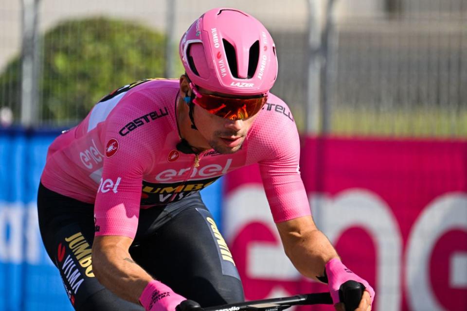 Overall leader JumboVismas Slovenian rider Primoz Roglic cycles during the twentyfirst and last stage of the Giro dItalia 2023 cycling race 135 km in and around Rome on May 28 2023 Photo by Alberto PIZZOLI  AFP Photo by ALBERTO PIZZOLIAFP via Getty Images