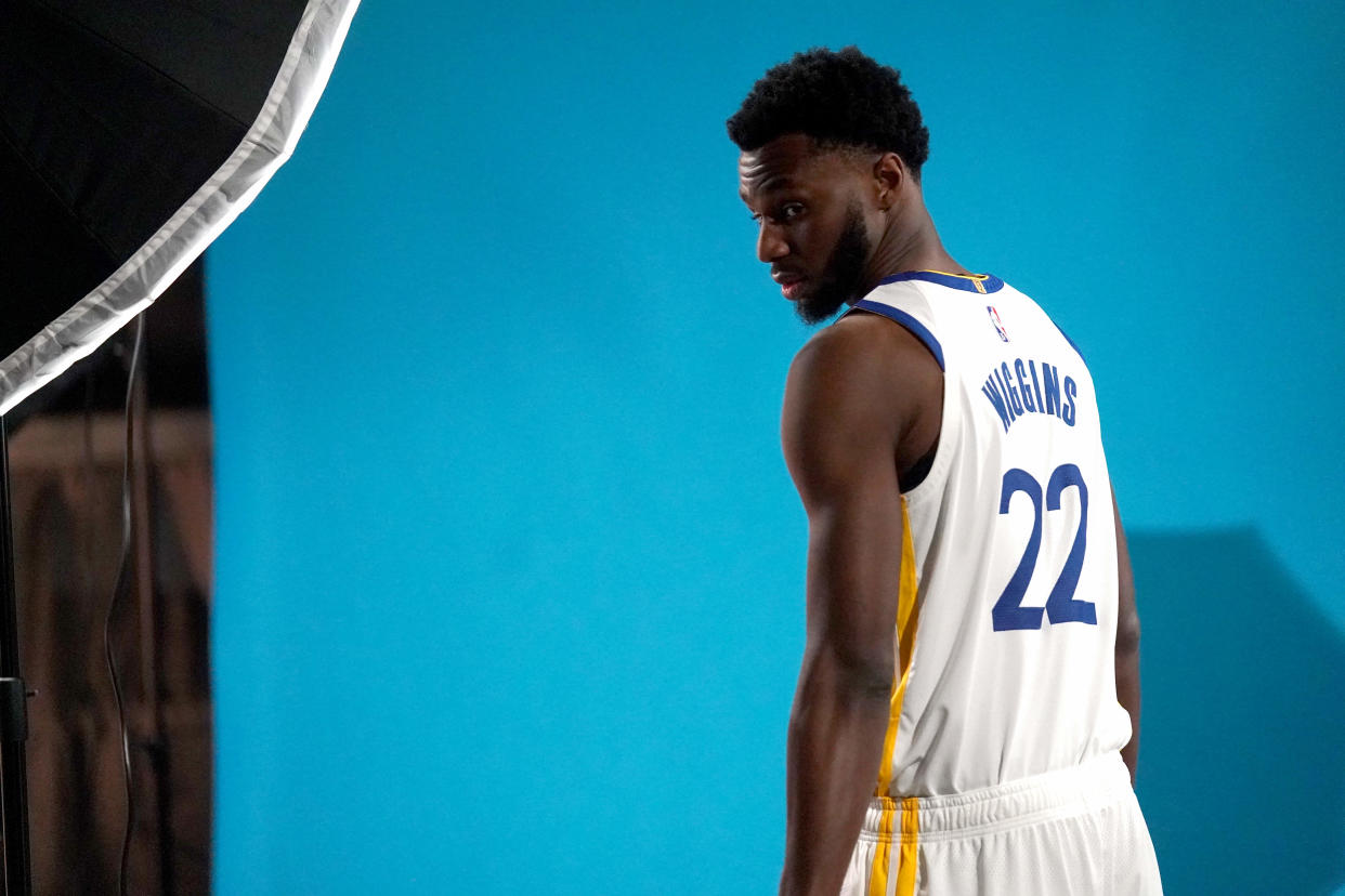 Sep 27, 2021; San Francisco, CA, USA; Golden State Warriors forward Andrew Wiggins (22) during Media Day at the Chase Center. Mandatory Credit: Cary Edmondson-USA TODAY Sports