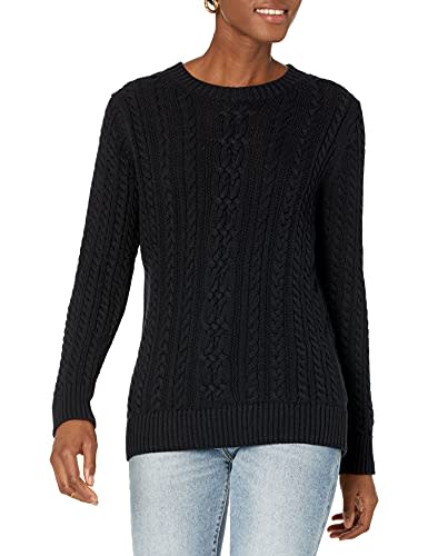 Amazon Essentials Women's Fisherman Cable Long-Sleeve Crewneck Sweater (Available in Plus Size), Black, Large