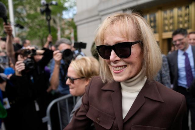 E Jean Carroll leaves a New York federal courthouse after being awarded $5m for sexual assault and defamation from Donald Trump (Associated Press)
