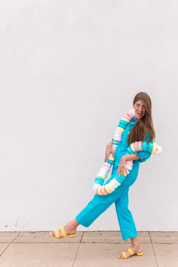 <p>Celebrating Halloween is easy with this oversized <a href="https://studiodiy.com/diy-candy-necklace-costume-sweet-tooth-couples-costume/" rel="nofollow noopener" target="_blank" data-ylk="slk:candy necklace costume;elm:context_link;itc:0;sec:content-canvas" class="link ">candy necklace costume</a>. DIY your non-traditional look with this classic treat.<br></p>