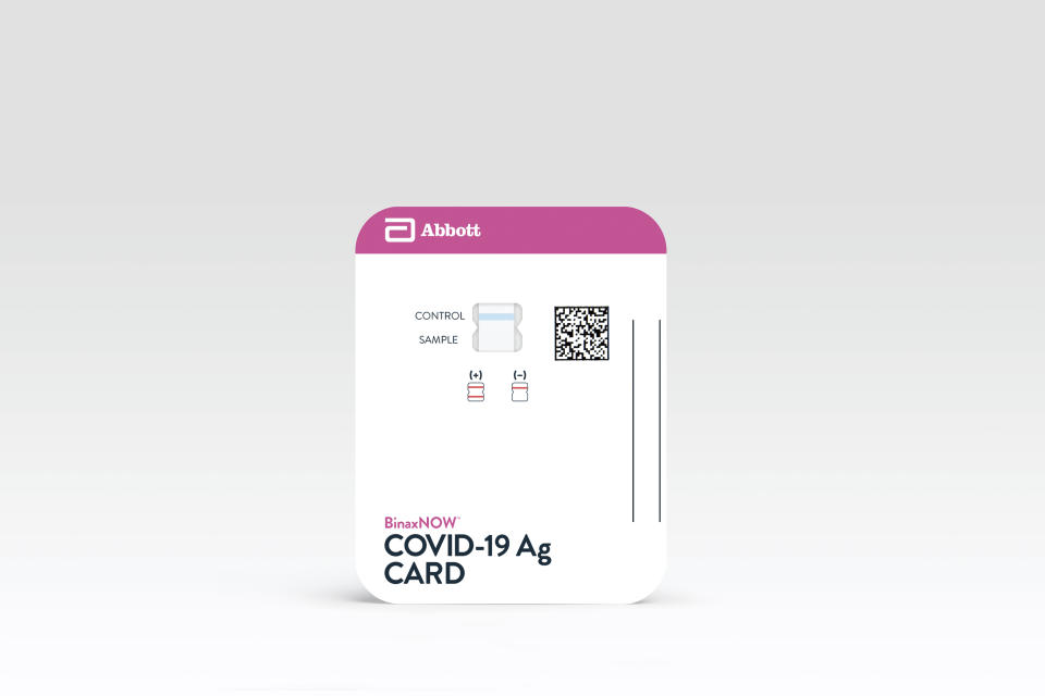 This image provided by Abbott Laboratories in August 2020 shows the company's BinaxNOW rapid COVID-19 nasal swab test. The Food and Drug Administration on Wednesday, Aug. 26, 2020, authorized BinaxNOW, the first rapid coronavirus test that doesn’t need any special computer equipment to get results. (Abbott Laboratories via AP)