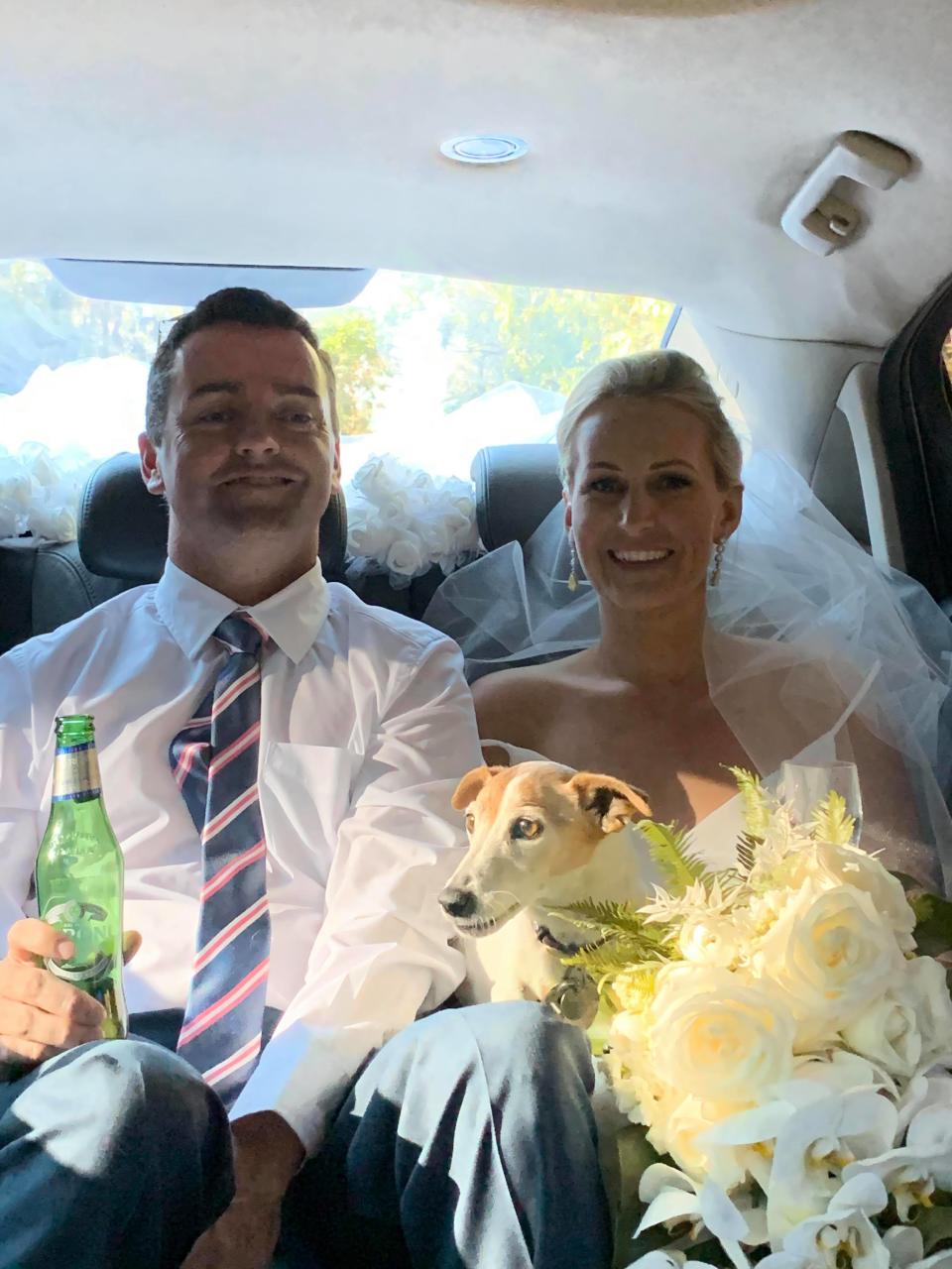 Pictured are Jim and Sandra Rice in the back of their car on their wedding day. 