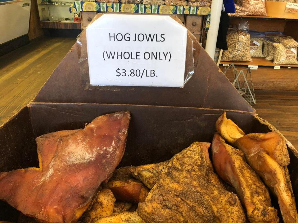 Hog jowls at Adams' Peanuts & Country Store in Waverly, Va.