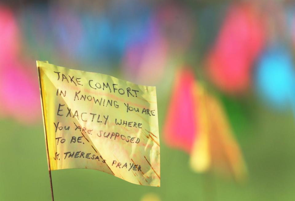 One of the many messages on small brightly colored flags covering the quad, Tuesday September 12, 2023 as Embry-Riddle Aeronautical University hosts the 10th annual Field of Hope, a suicide awareness event