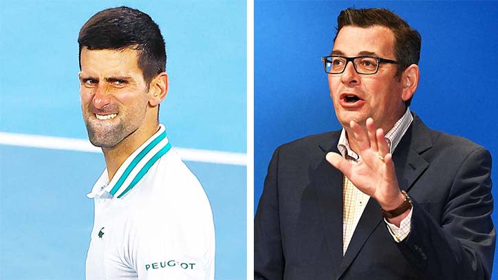 Novak Djokovic (pictured left) reacting during the Australian Open final and (pictured right) Victoria Premier Daniel Andrews during a press coference.