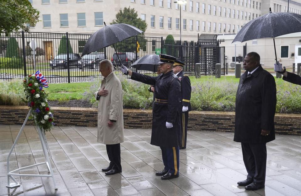 Mandatory Credit: Photo by Shutterstock (13383757j) United States President Joe Biden participates in a wreath laying ceremony to honor and remember the victims of the September 11th terror attack at the Pentagon in Arlington, VA on Sunday, September 11, 2022. On September 11, 2001, 125 military personnel and civilians were killed in the Pentagon, along with all 64 people aboard American Airlines flight 77. President Joe Biden Honors Sept 11 Victims, Washington, District of Columbia, USA - 11 Sep 2022