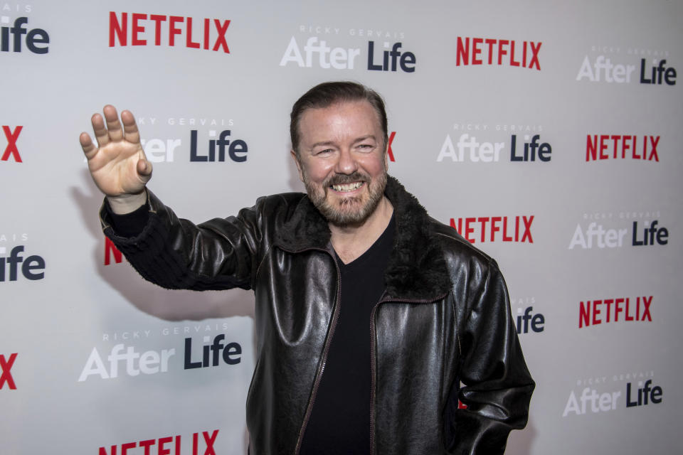 FILE - Ricky Gervais attends a screening of Netflix's "After Life" on March 7, 2019, in New York. Gervais turns 60 on June 25. (Photo by Charles Sykes/Invision/AP, File)