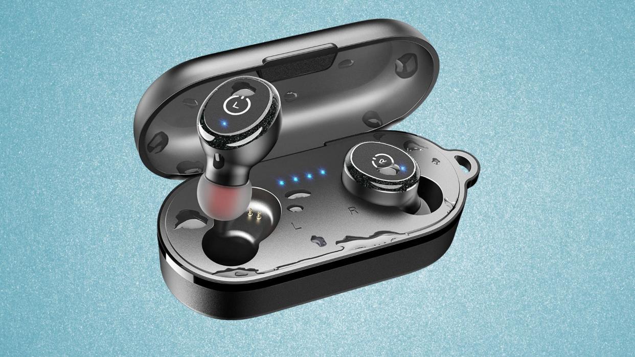 Black wireless earbuds in their black charging case