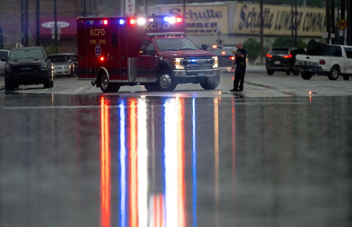 A KCFD ambulance blocks a flooded Southwest Boulevard on Friday, July 14, 2023, in Kansas City. Nick Wagner/nwagner@kcstar.com