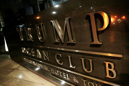 A sign of the Trump Ocean Club International Hotel and Tower Panama is pictured in Panama City, Panama February 23, 2018. REUTERS/Carlos Lemos