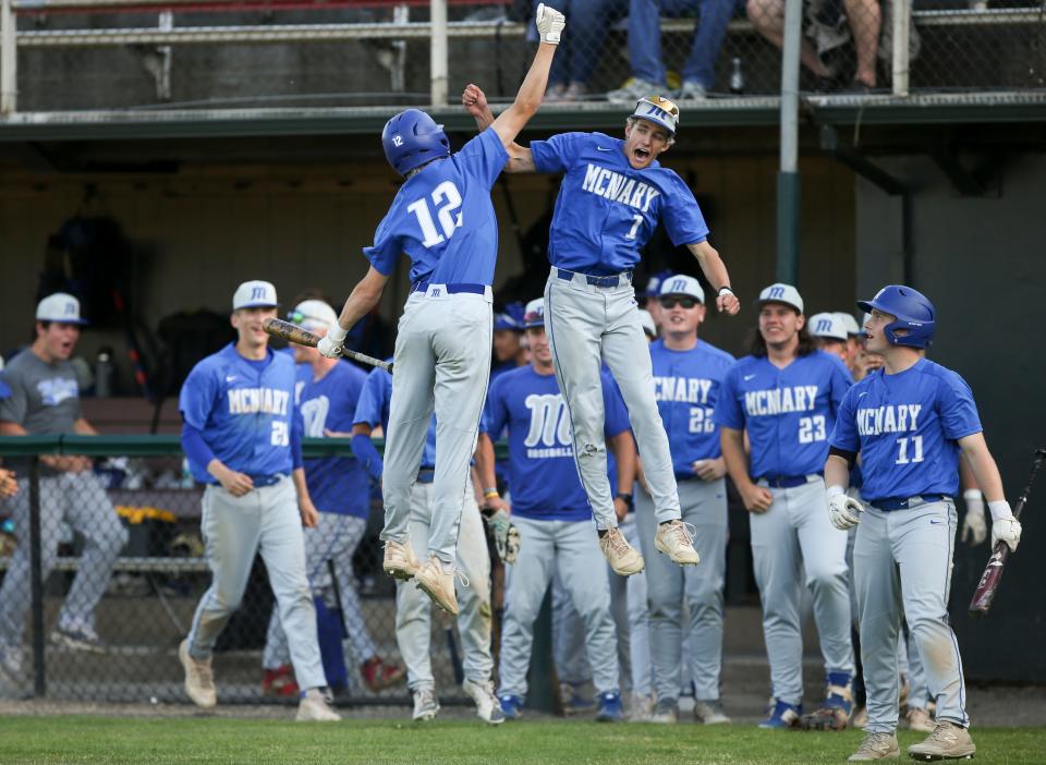 McNary celebrates breaking the tie during the playoff game against South Salem on Wednesday, May 24, 2023 at Willamette University in Salem, Ore.  