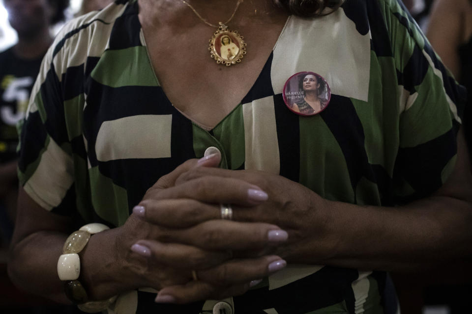 Marinette da Silva, mother of slain councilwoman Marielle Franco, attends a Mass in honor of her daughter and driver Anderson Gomes, marking five years of their murders, still under investigation, in Rio de Janeiro, Brazil, Tuesday, March 14, 2023. (AP Photo/Bruna Prado)