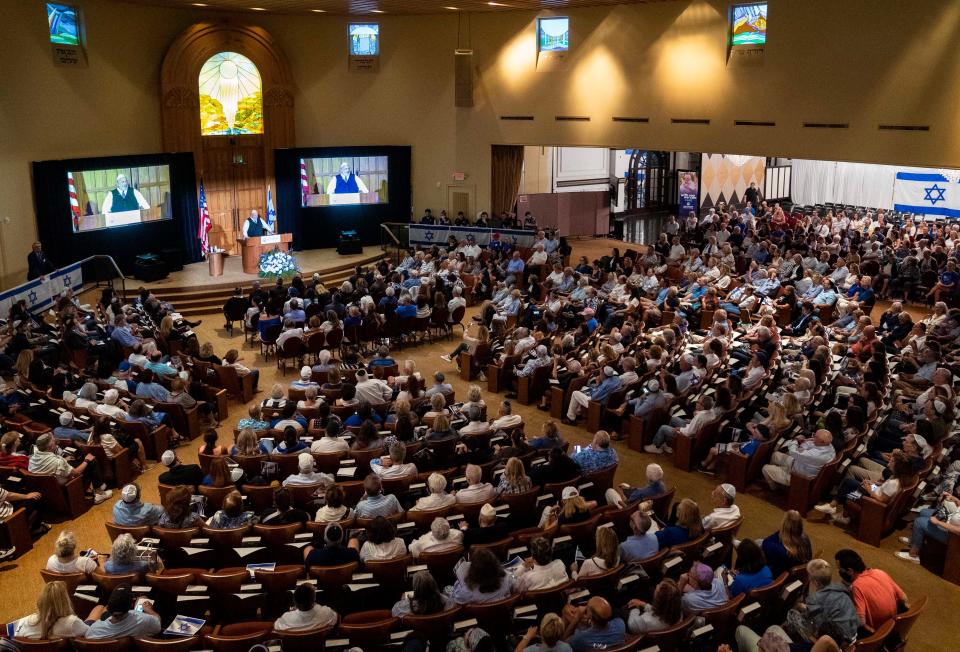 Matt Levin, President and CEO, Jewish Federation of South Palm Beach County speaks at an event to show solidarity for Israel at Congregation B'Nai Israel in Boca Raton, Florida on October 10, 2023.