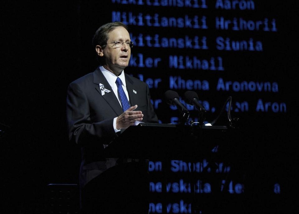 Israel President Isaac Herzog speaks during commemorative events marking the 80th anniversary of the Babi Yar massacre of Kyiv Jews perpetrated by German occupying forces in 1941 in Kyiv, Ukraine, Wednesday, Oct. 6, 2021. (Ukrainian Presidential Press Office via AP)