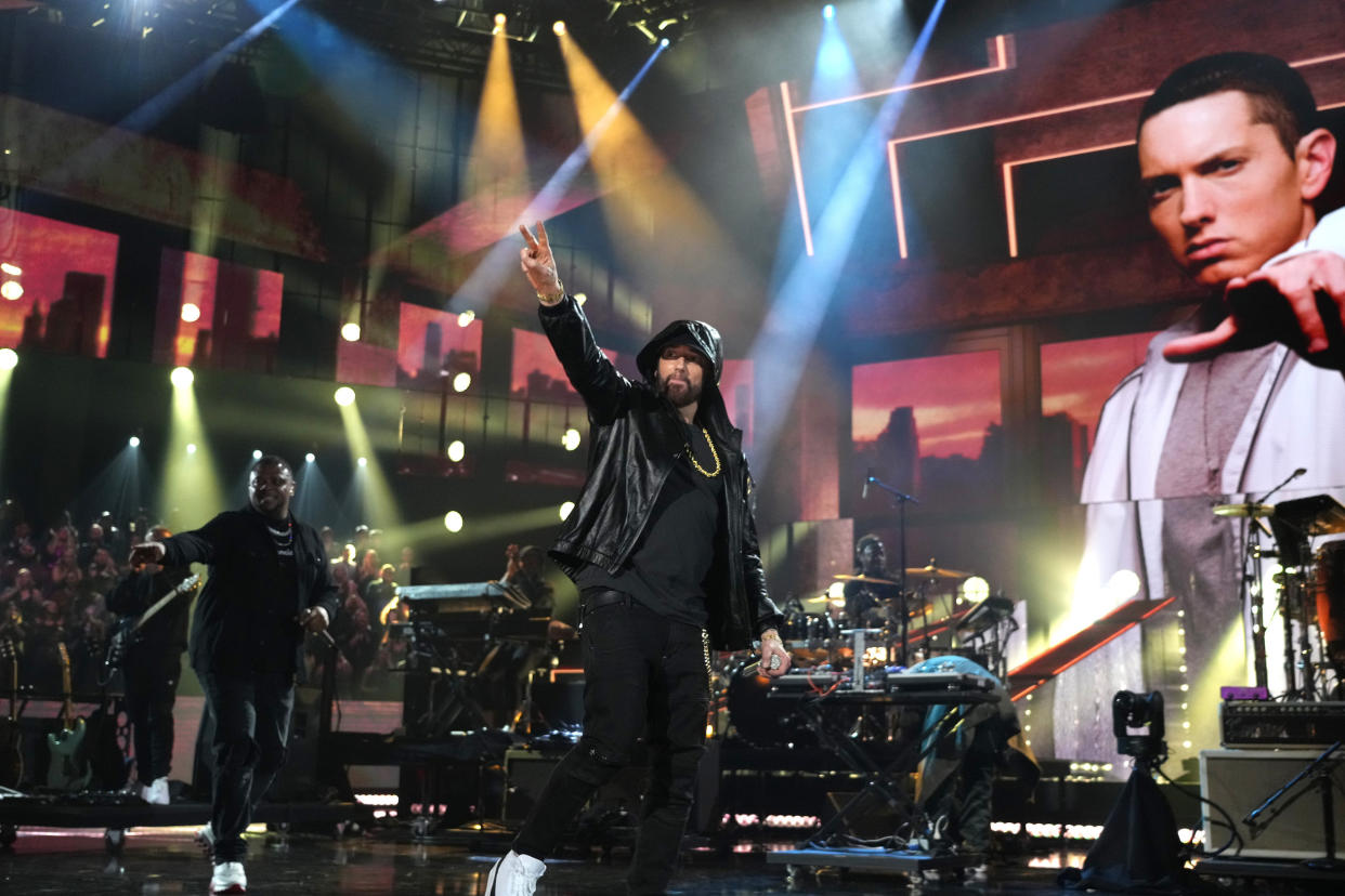 Eminem performs during the 37th Annual Rock & Roll Hall of Fame Induction Ceremony on November 5, 2022 in Los Angeles. (Credit: Kevin Mazur/Getty Images for The Rock and Roll Hall of Fame)