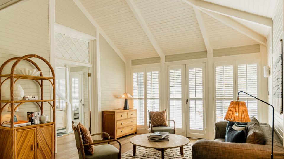 A living room inside the accommodations at Soho House Canouan