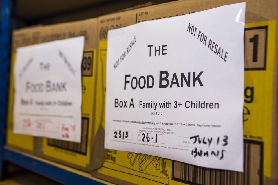 Trussell Trust Food Bank box for a family with three children waiting for distribution in the Wadebridge foodbank, North Cornwall, England, United Kingdom. The box has been prepared by volunteers and contains non-perishable food items. (Photo by In Pictures Ltd./Corbis via Getty Images)
