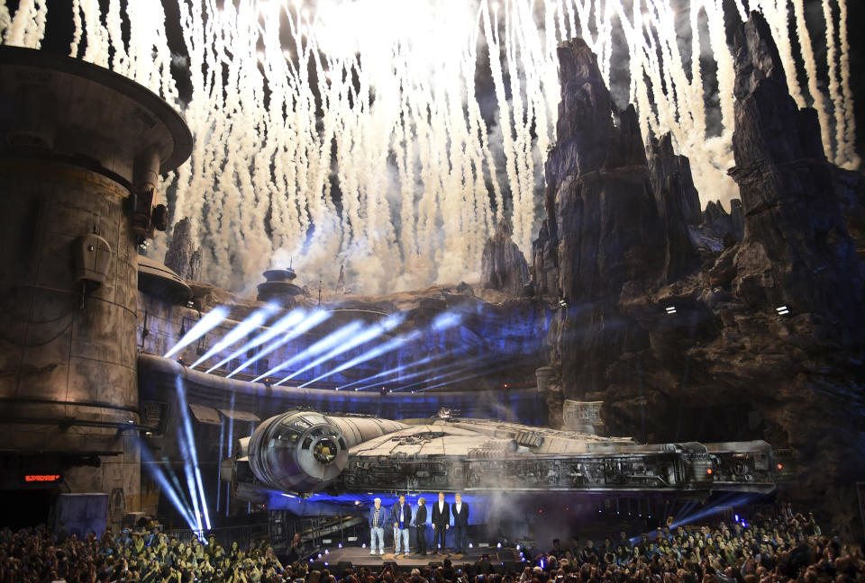 Fireworks go off during a dedication ceremony in front of the Millennium Falcon during the Star Wars: Galaxy's Edge Media Preview at Disneyland Park, Wednesday, May 29, 2019, in Anaheim, Calif. (Photo by Chris Pizzello/Invision/AP)