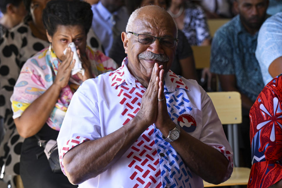 People's Alliance Party leader Sitiveni Rabuka gestures during a church service at the Fijian Teachers Association Hall in Suva, Fiji, Sunday, Dec. 18, 2022. Fijian police on Thursday, Dec. 22, 2022 said they were calling in the military to help maintain security following a close election last week that is now being disputed.(Mick Tsikas/AAP Image via AP)