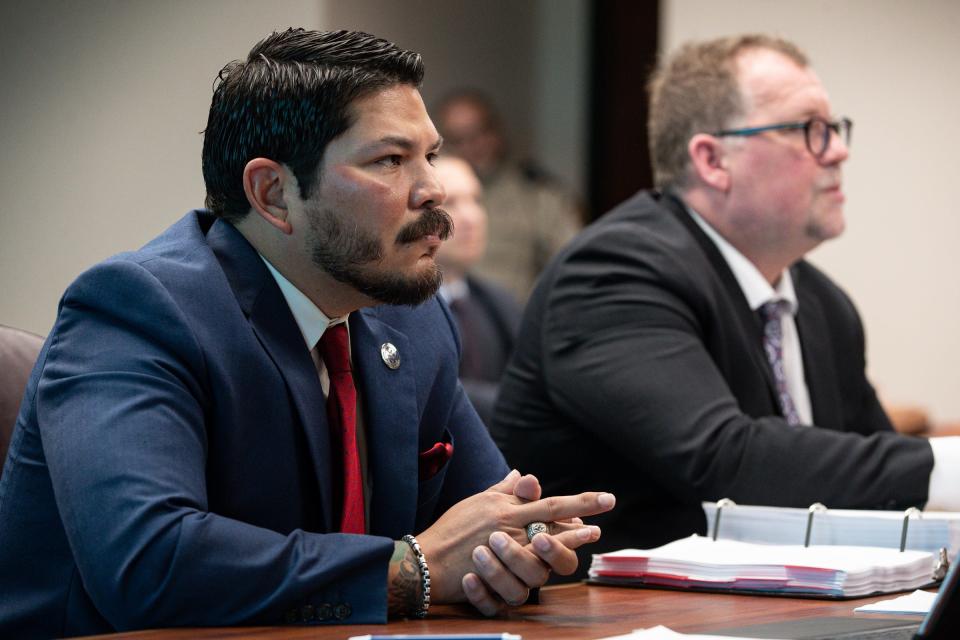 Nueces County District Attorney Mark Gonzalez, left, represented by attorney Christopher Gale, attends a hearing on a petition seeking his removal from elected office on Wednesday, March 8, 2023, at the county courthouse in Corpus Christi, Texas.