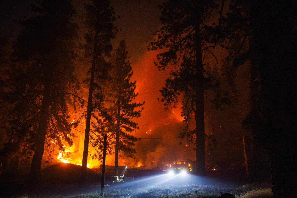 The Bridge Fire burns in Wrightwood, Calif., northeast of Los Angeles on Wednesday.