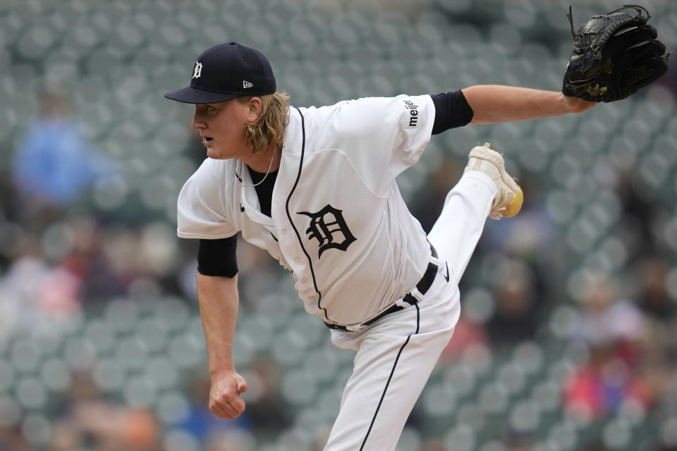 Detroit Tigers relief pitcher Trey Wingenter (62) throws against the Kansas City Royals in the ninth inning of a baseball game that was suspended Wednesday night because of rain, Thursday, Sept. 28, 2023, in Detroit. (AP Photo/Paul Sancya)