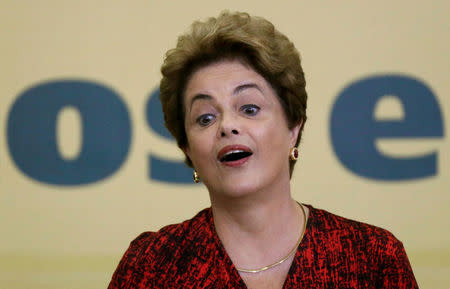 Brazil's President Dilma Rousseff reacts as she attends a signing ceremony for new universities, at Planalto Palace in Brasilia, Brazil, May 9, 2016. REUTERS/Ueslei Marcelino