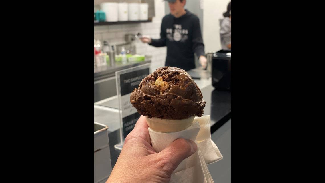 Chocolate Chess Pie ice cream at Two Roosters Ice Cream (Lake Boone Trail) in Raleigh, on November 12, 2023.