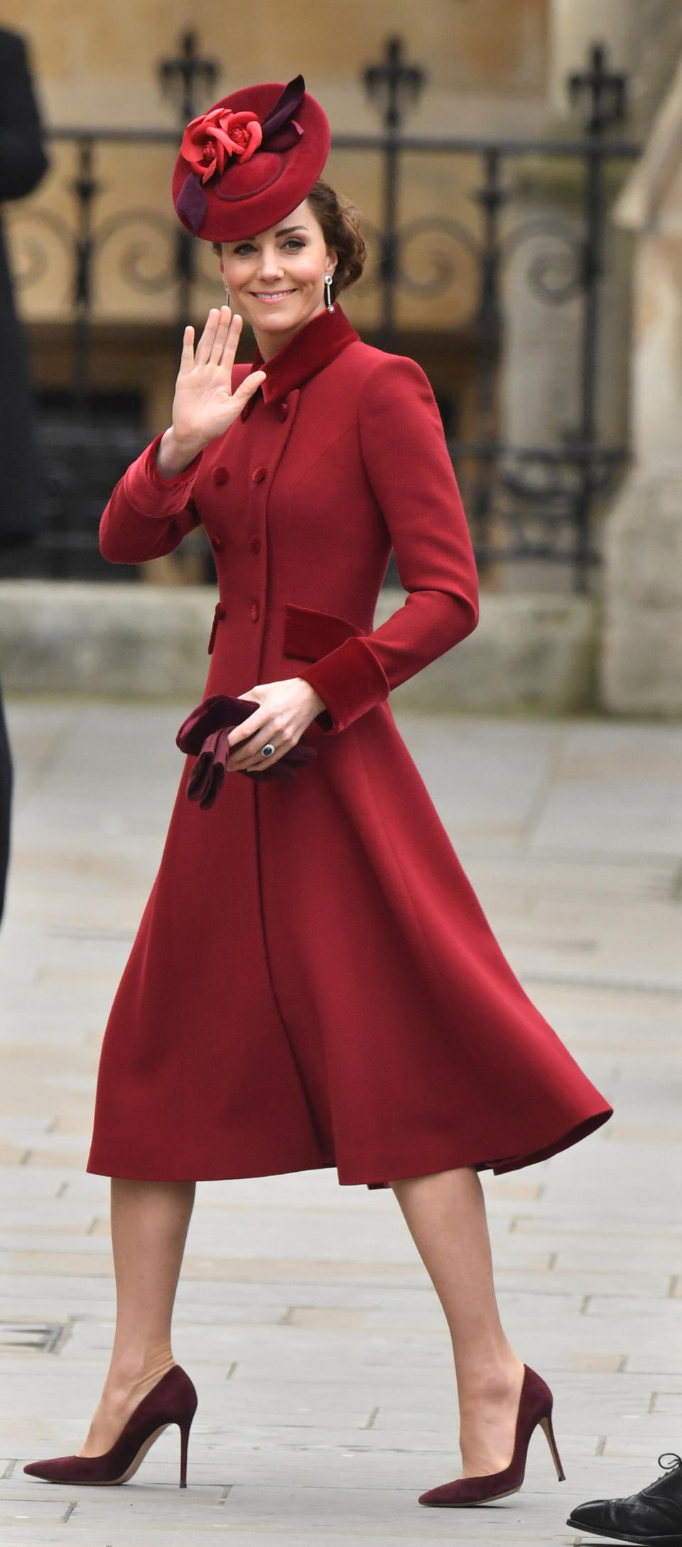 Kate Middleton attended the service in a garnet-hued Catherine Walker dress. (Photo: Dominic Lipinski/PA Images via Getty Images)