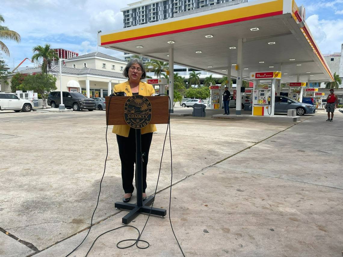 Miami-Dade County Mayor Daniella Levine Cava holds a press conference in front of idle gas pumps at a Shell station in Coconut Grove on Wednesday, April 19, 2023.