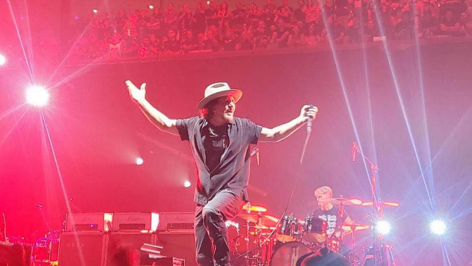 Pearl Jam’s Eddie Vedder, with drummer Matt Cameron behind him, at Dickies Arena in Fort Worth on Friday, Sept. 15, 2023. Stefan Stephenson/Special to the Star-Telegram