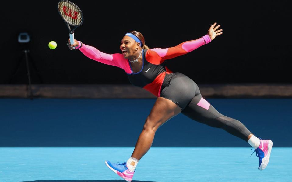 Serena Williams of the US hits a return against Belarus' Aryna Sabalenka during their women's singles match on day seven of the Australian Open tennis tournament in Melbourne on February 14, 2021 - Getty Images