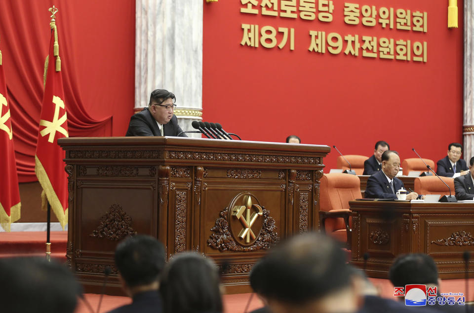 In this photo provided by the North Korean government, North Korean leader Kim Jong Un delivers a speech during a year-end plenary meeting of the ruling Workers’ Party in Pyongyang, North Korea, Wednesday, Dec. 27, 2023. Independent journalists were not given access to cover the event depicted in this image distributed by the North Korean government. The content of this image is as provided and cannot be independently verified. Korean language watermark on image as provided by source reads: "KCNA" which is the abbreviation for Korean Central News Agency. (Korean Central News Agency/Korea News Service via AP)