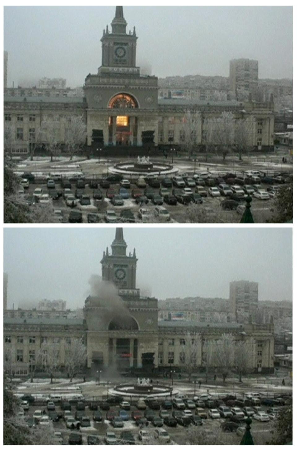 Combo showing still images taken from a CCTV footage of a fire breaking out after an explosion at a train station and smoke rising afterwards, in Volgograd