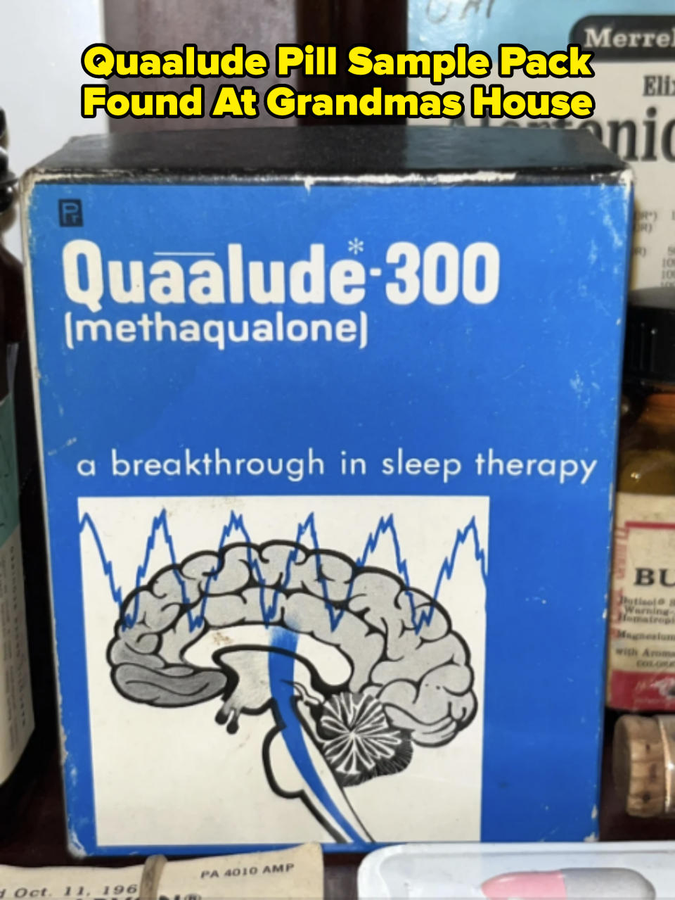 Box of Quaalude-300, a sleep therapy medication, with attention-grabbing text on the front and an illustration of a brain