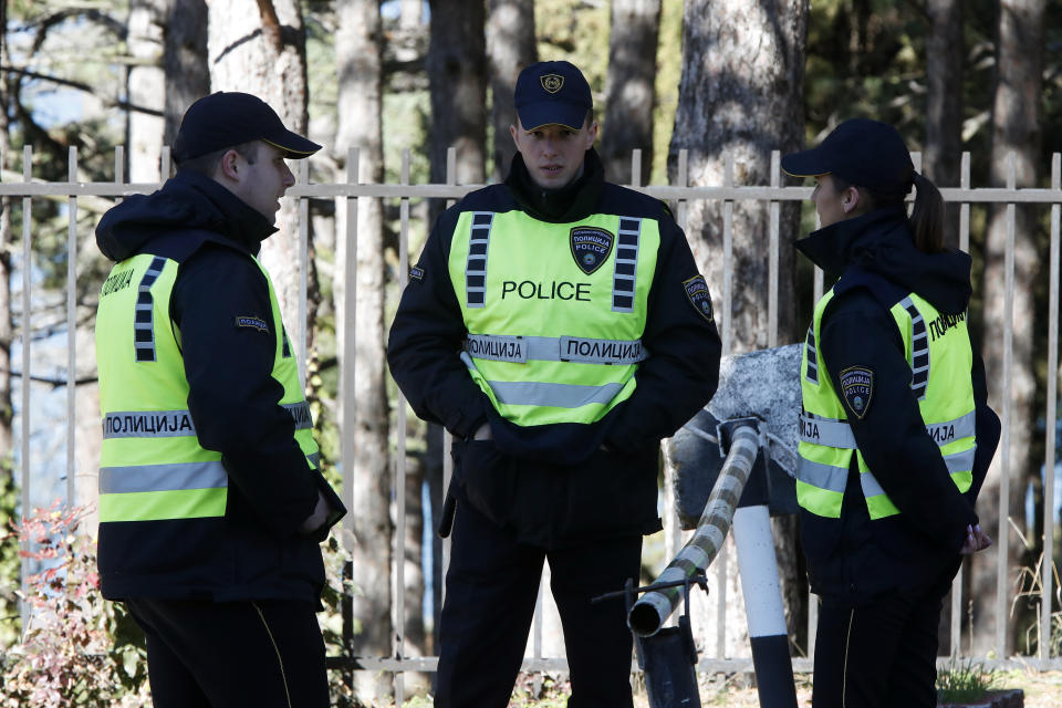 Police officers control the area where Kosovo's Prime Minister Albin Kurti and Serbia's President Aleksandar Vucic are to attend a high-level meeting convened by EU High Representative for Foreign Affairs and Security Policy Josep Borrell and EU Special Representative Miroslav Lajcak, at North Macedonia's lakeside resort of Ohrid, on Saturday, March 18. 2023. Western officials are hoping for progress this weekend in EU-mediated talks between Serbia's and Kosovo's leaders, in a new attempt to ease decades of tensions between the Balkan wartime foes and solve one of Europe's longest standing disputes. (AP Photo/Boris Grdanoski)