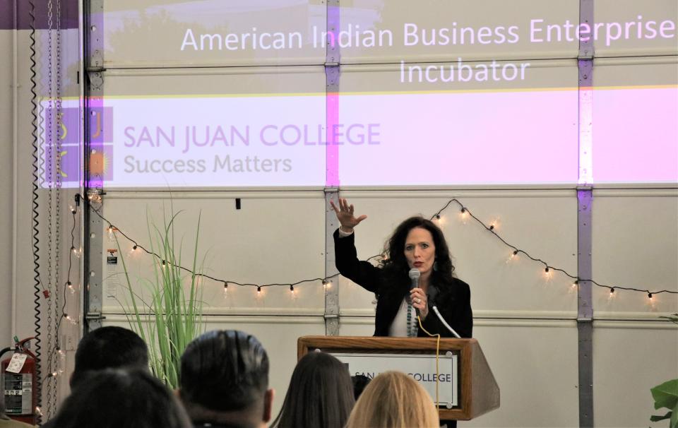 San Juan College President Toni Hopper Pendergrass addresses the crowd during a Nov. 4 ribbon-cutting ceremony for the American Indian Business Enterprise Center and Incubator at on the college campus in Farmington.