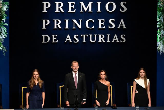 <p>MIGUEL RIOPA/AFP via Getty</p> The Spanish royal family at the 2023 Princess of Asturias Awards.