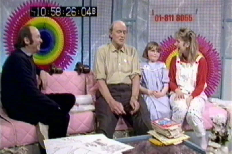 Presenter Sarah Greene on Saturday Superstore with author Roald Dahl and his grand-daughter Sophie Dahl