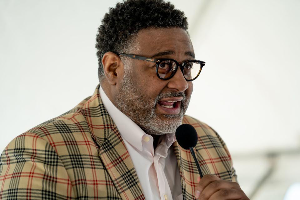 Detroit Riverfront Conservancy Chief Financial Officer William Smith speaks during a press conference on May 12, 2021. The nonprofit announced last week it put Smith on unpaid leave amid a criminal investigation into the conservancy's finances.