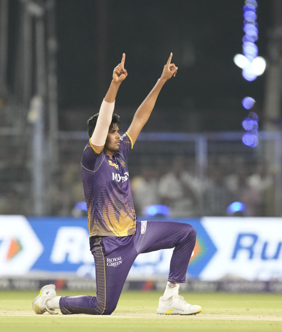 Kolkata Knight Riders' Harshit Rana celebrates the wicket of Gujarat Titan's captain Hardik Pandya during Indian Premier League cricket match between Kolkata Knight Riders and Gujarat Titans, in Kolkata, India, Saturday, April 29, 2023. (AP Photo Bikas Das )