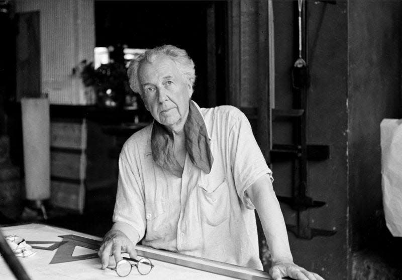 This Aug. 16, 1938, file photo shows artist and architect Frank Lloyd Wright in his studio at his home, Talisien, in Spring Green, Wis. June 8 marked the 150th anniversary of Wright's birth. His innovative designs continue to fascinate the public, from New York's circular, sculptural Guggenheim museum to the famous Fallingwater in the Pennsylvania woods and his modernist Wisconsin home, Taliesin, which served as a laboratory for his ideas. AP File Photo