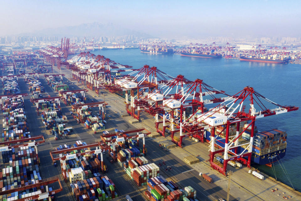 A view of the container port in Qingdao in eastern China's Shandong province on Tuesday, Jan. 14, 2020. China's exports rose 0.5% in 2019 despite a tariff war with Washington after growth rebounded in December on stronger demand from other markets. (Chinatopix Via AP)