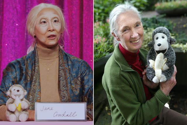 <p>World of Wonder/ MTV; Michel Porro/Getty</p> Nymphia Wind as Jane Goodall on 'RuPaul's Drag Race' season 16 'Snatch Game'