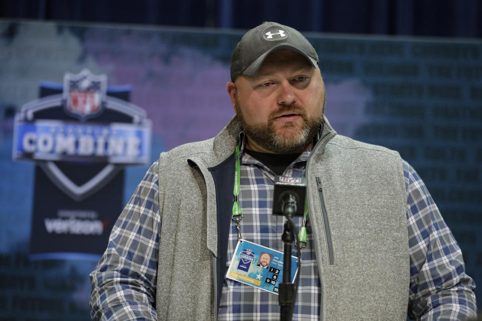 FILE - In this Feb. 25, 2020, file photo, New York Jets general manager Joe Douglas speaks during a news conference at the NFL football scouting combine in Indianapolis. Douglas fully envisioned Jamal Adams being a big piece of what he wants to build for the Jets. The general manager raved about the All-Pro safety's abilities as a playmaker and leader when he took over the franchise just over a year ago. Well, things changed. In a major way. Douglas dealt Adams and a 2022 fourth-round draft pick to Seattle on Saturday, July 25, 2020, for first-rounders in 2021 and ‘22, a third-rounder in 2021 and safety Bradley McDougald. (AP Photo/Michael Conroy, File)