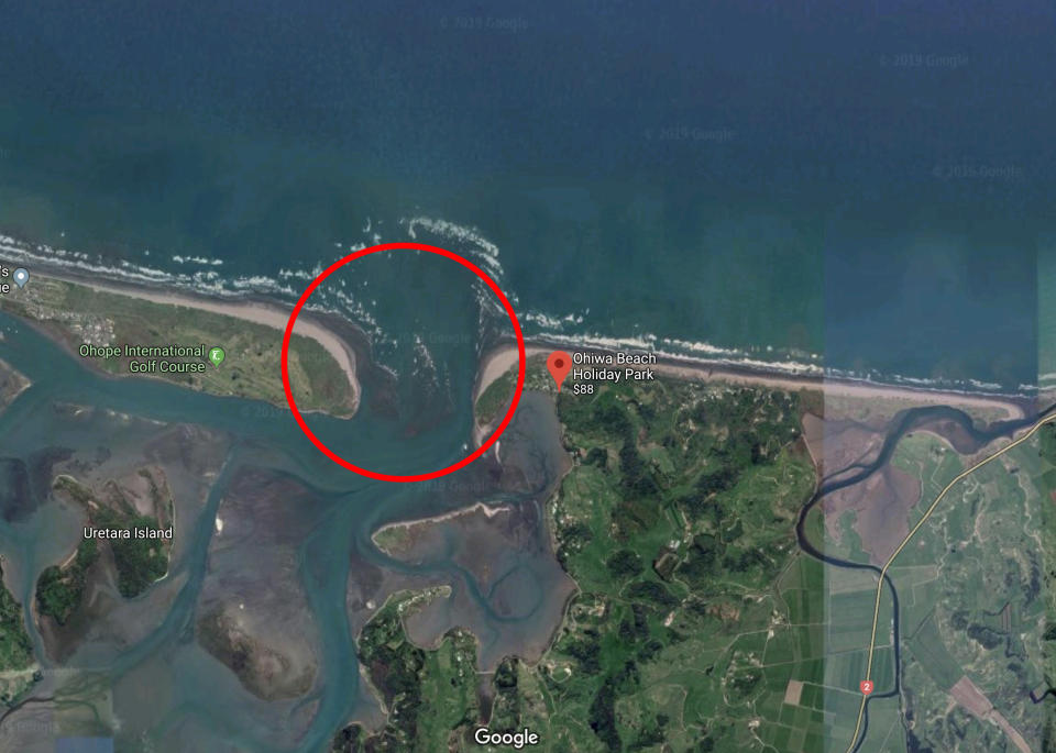 A satellite image of the estuary between Ohiwa Beach and the suburb of Ohope on the other side.  